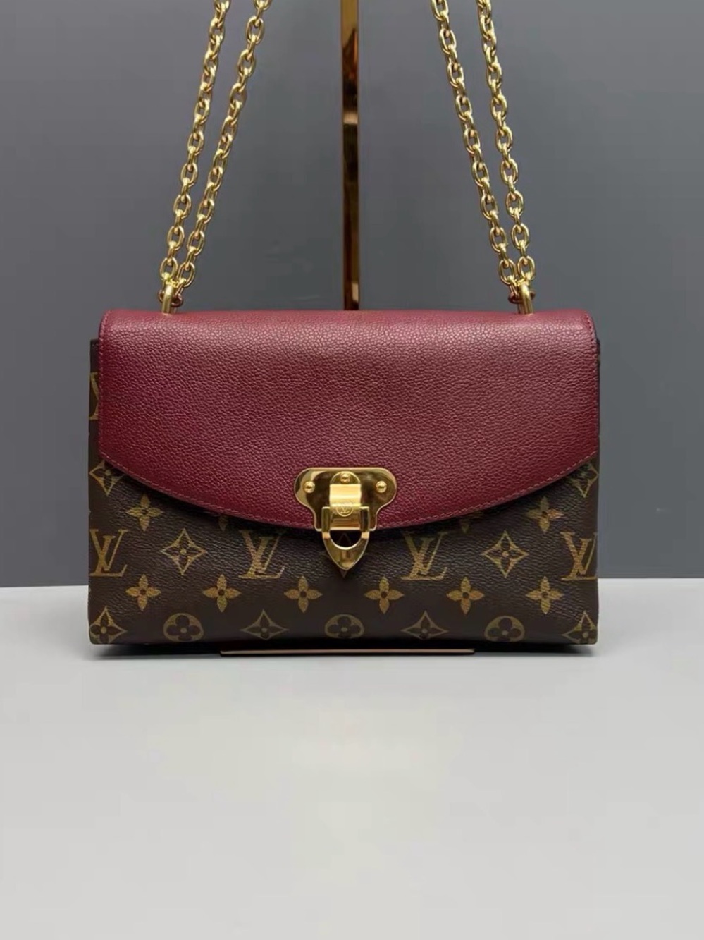 Louis Vuitton Monogram Shoulder Bag with Bordeaux Flap and Gold Chain